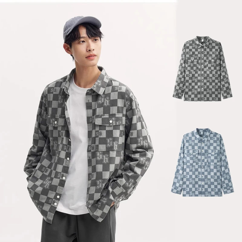 

Trendy Breathable Denim Checkered Jacket for Women Spring Autumn Casual Loose Long Sleeve Shirt Korean Style Outerwear Unisex