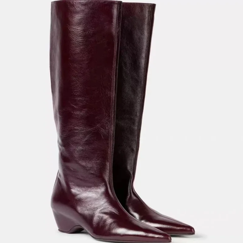 الارتفاع الداخلي زيادة وأشار الجلود أحذية طويلة النساء 35-45 حجم كبير مثير النبيذ الأحمر اللون حذاء برقبة للركبة لسيدة #2