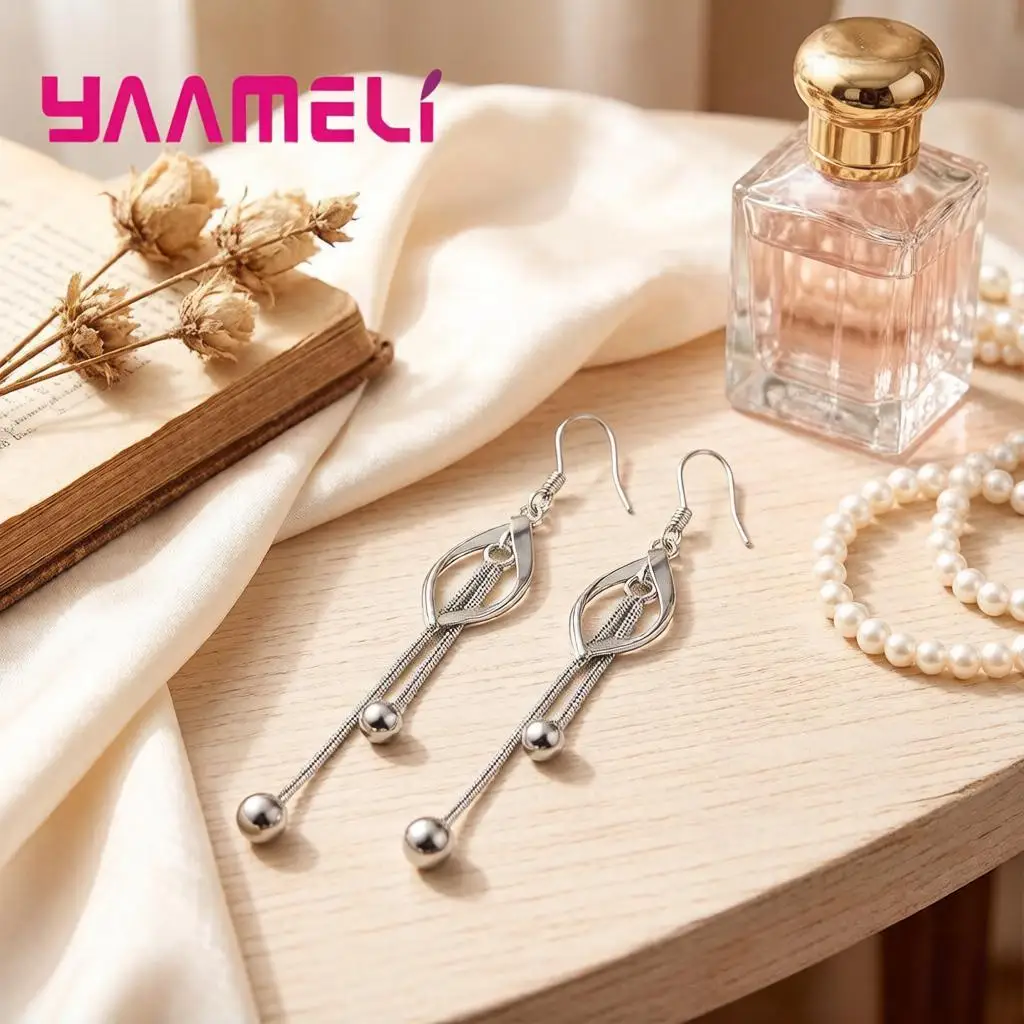 Simple 925 Sterling Silver Rotate Long Tassel Metal Drop Earrings for Women Girls Anniversary Party Jewelry Gifts Accessory