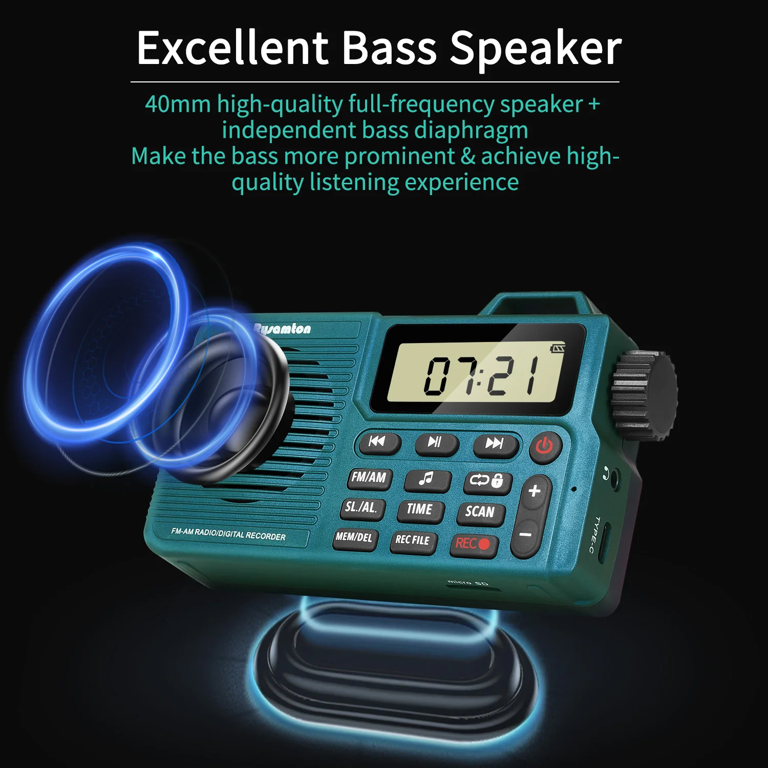 Tragbares AM/FM-Radio, kleines Taschenradio mit Bluetooth, Basslautsprecher, unterstützt Micro-SD-Karte und Aufnahme, lange Akkulaufzeit – Detail 3