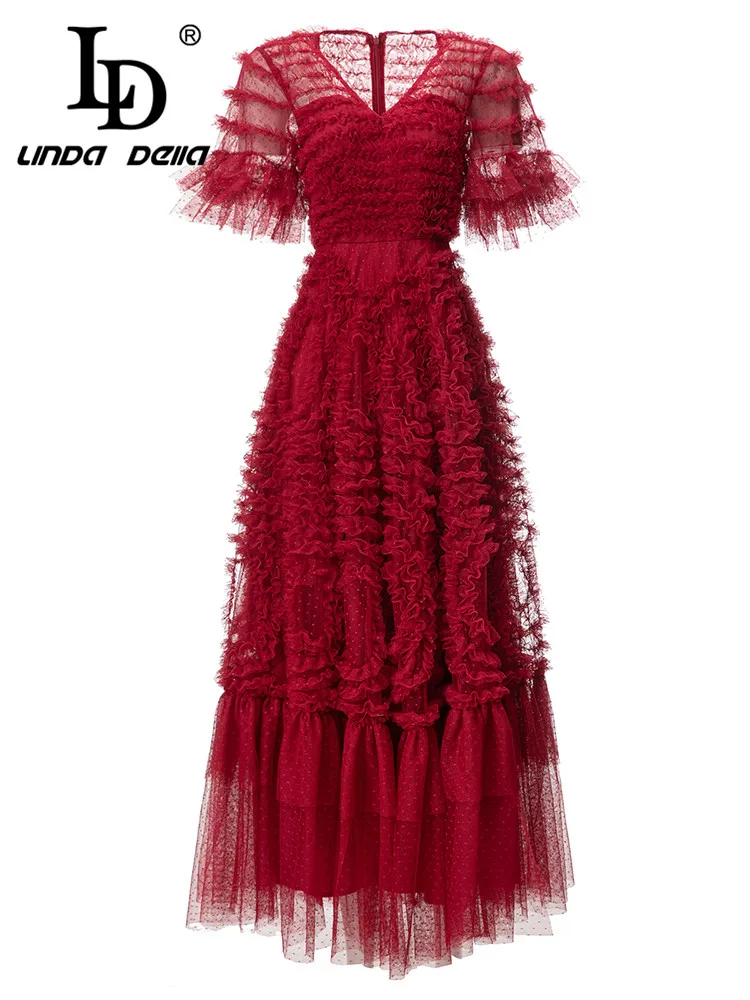 LD LINDA DELLA  New Style Fashion Runway Vintage Dress Women\'s Red High Waist Splice Cascading Ruffle Dot Lace Travel Long Dress