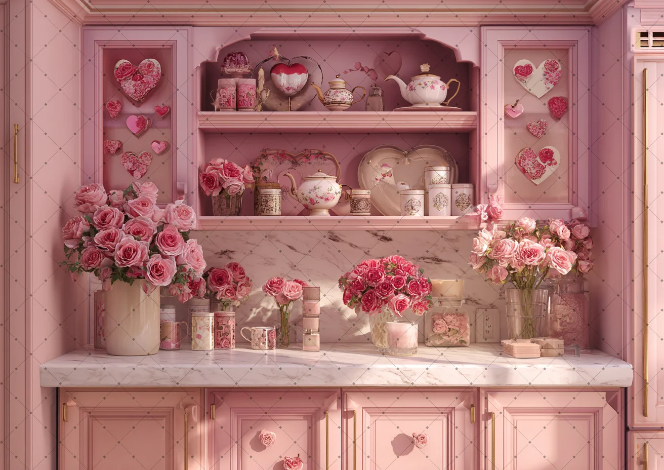 Valentine's Day Kitchen Photo Background Kitchenware Cabinetry Backdrops Photography Love Decoration Poster Wallpaper