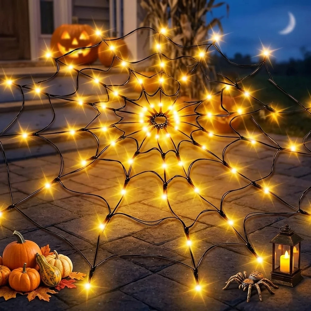 Halloween LED-Lichterkette Spinnennetz Geisterfest Atmosphärenbeleuchtung für Spukhaus-Party-Dekoration Bunte Beleuchtung