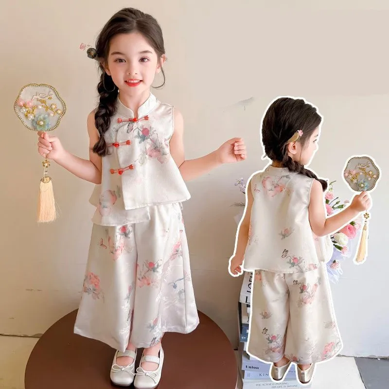 Girls' New Chinese Hanfu Clothing Set Children's Summer Trendy Printed Sleeveless Top Kids' Ancient Top Pants 2-piece Set LJ614