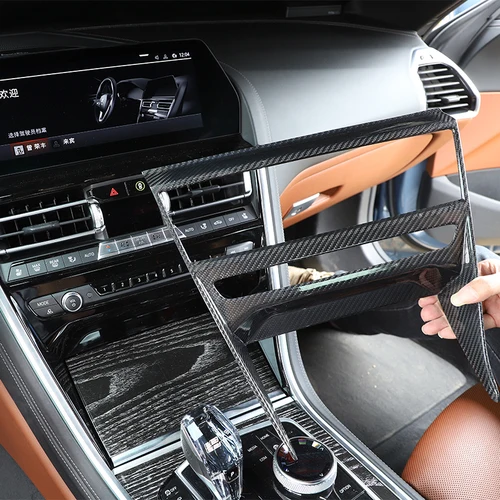 リアルカーボンファイバー製センターコントロールCDパネルフレームカバートリムステッカー BMW 8シリーズ G14 G15 G16 2019-2023 左ハンドル車用アクセサリー