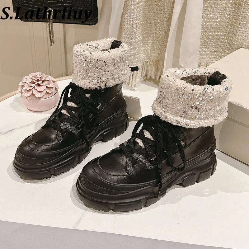 

Winter Thick Soled Height Increasing Fur Integrated Short Boots Women Non Slip Lace Up Ankle Botas Warm Real Wool Snow Boots