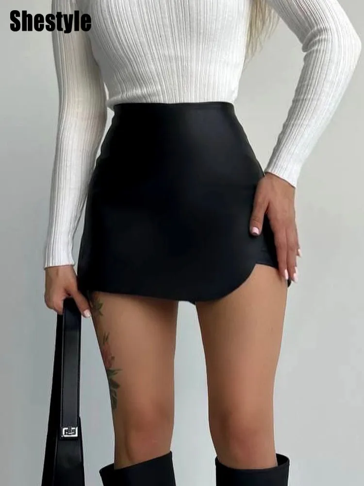 Shestyle Women Shorts High Waist Sexy Elegant PU Faux Leather Skirts Office Lady A-Line Asymmetrical Bottom Clubwear Workwear