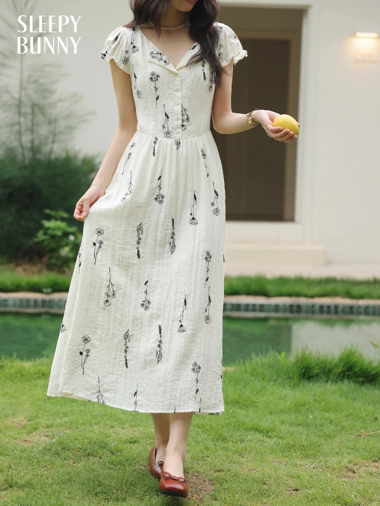 

Linen Floral Embroidered Summer Dress Women French Style V-Neck A-Line Midi Dress Lightweight Short Sleeve Slim Long Sundress