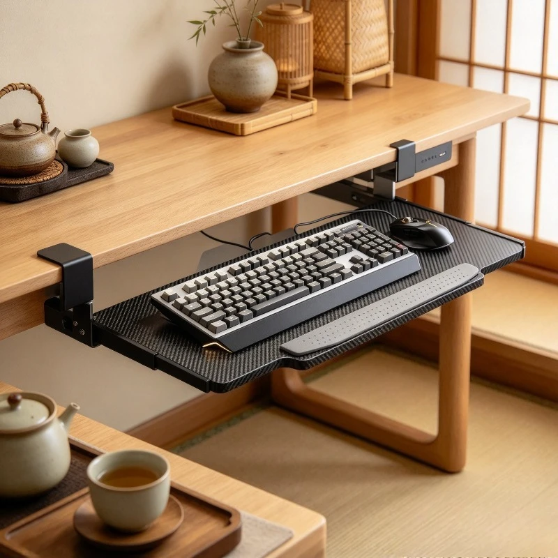 Keyboard Tray Ergonomic Adjustable No Drill Silent Rail Carbon Fiber Mouse Organizer Under Desk Mount Home Office Computer Setup