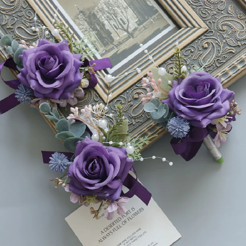 Boutonniere And Wrist Corsage Western Style Wedding Supplies Opening Guest Banquet Party Photo Studio Photography  Purple Rose