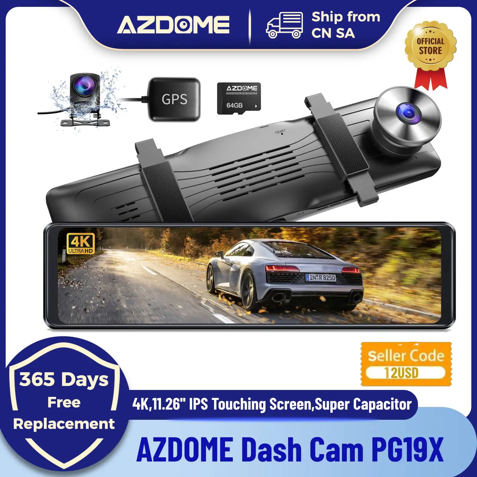 AZDOME 4K Dash Cam PG19X 11.26\'\' IPS Touching Screen Car DVR Recorder Super Capacitor Dual-Channel Car Camera 24H Parking Mode