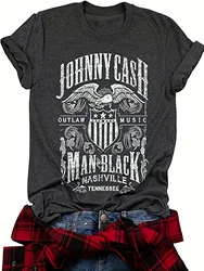 Vintage Country Music Festival Print T-Shirt, Retro Style Short Sleeve Crew Neck Casual Top For All Season, Women's Clothing