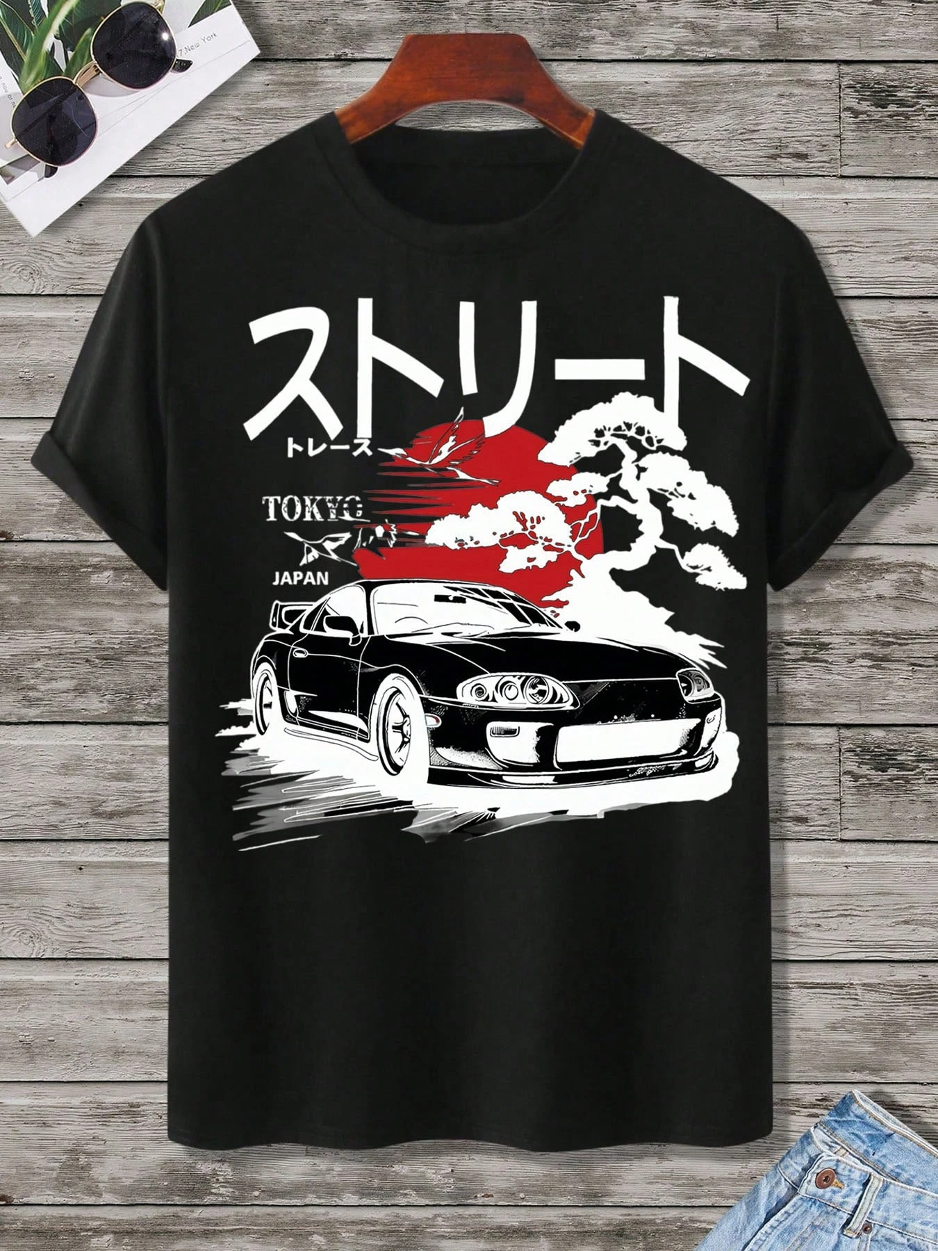 Street Style Car Japanese Men Cotton TShirt Streetwear Casual Vintage Hip Hop Sporty Summer Short Sleeve