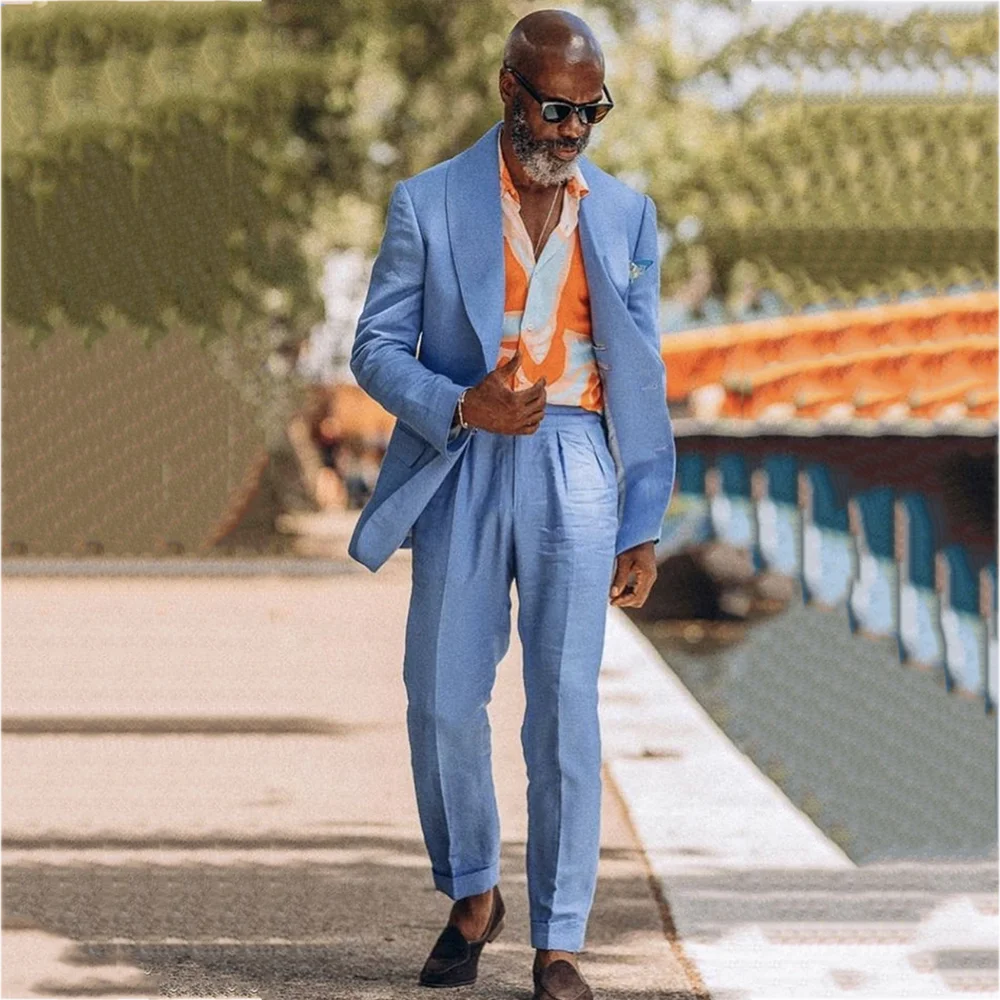 Bright Blue Linen Suit For Men Tailored Fit 2 Piece Elegant Shawl Lapel Single Breasted Smart Casual Street Holiday Party Outfit