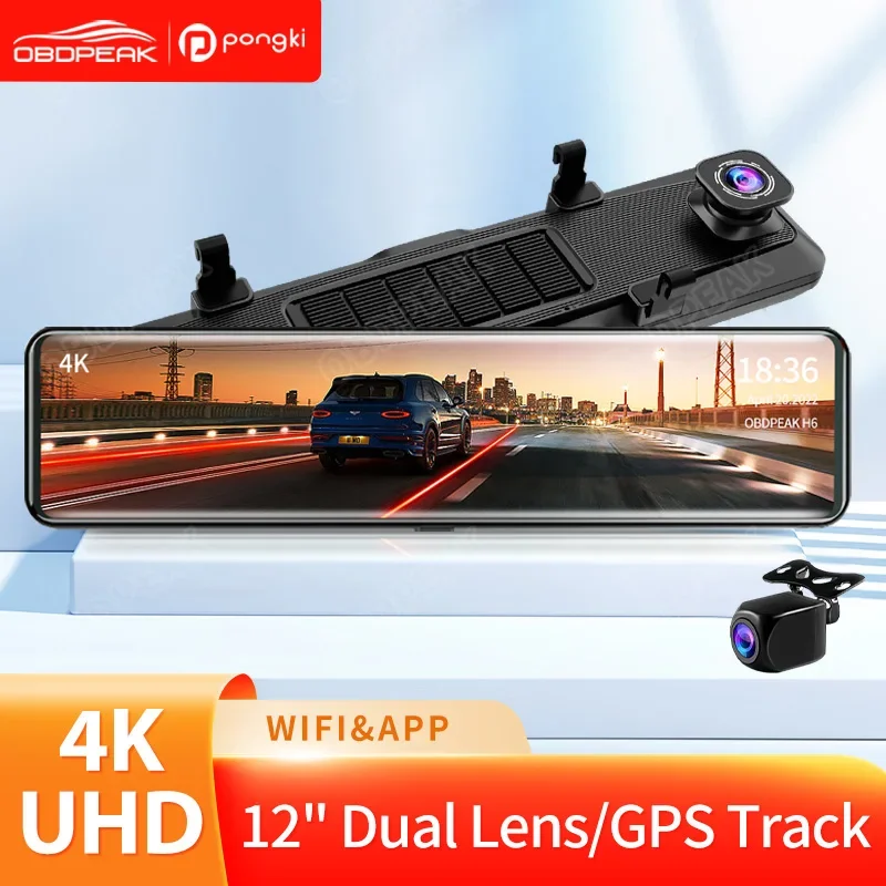 

OBDPEAK 12 Inch 4K UHD 2160P Car DVR Mirror Video Recorder Touch Screen Dashcam For Car Dual Lens GPS Track WiFi 24h Parking