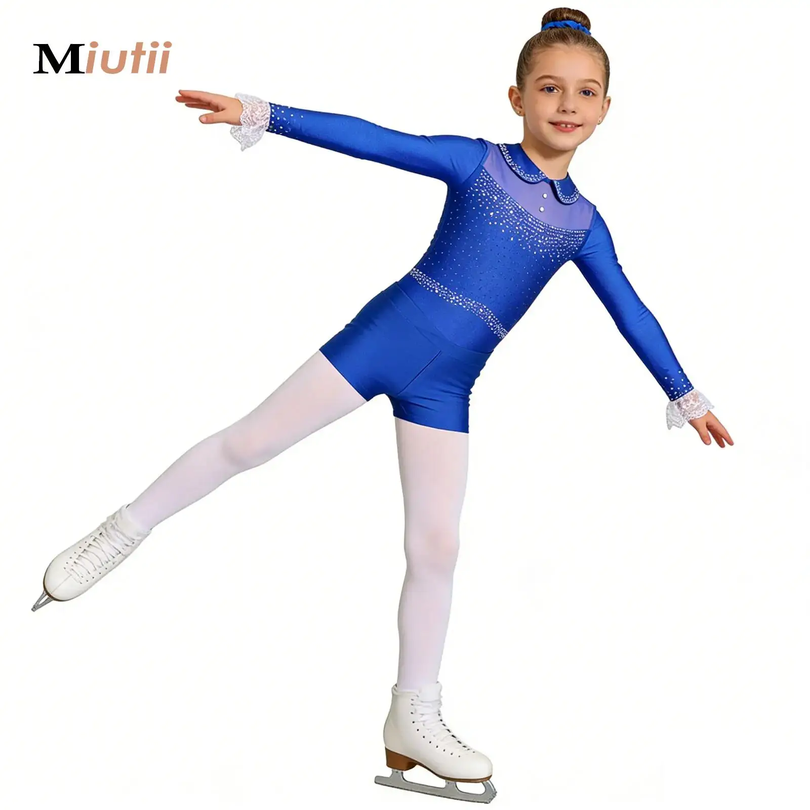 

Kids Lace Cuffs Sparkling Gymnastics Leotard Bodysuit Long Sleeve Dancewear Sets Ballet Outfit for Girls Children Figure Skating