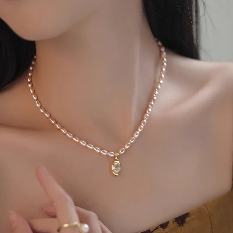 

Natural Rice Freshwater Pearl Pink Orange Color CZ Zircon Beans Beaded Pendant Necklaces for Women Gold Chain Choker Jewelry