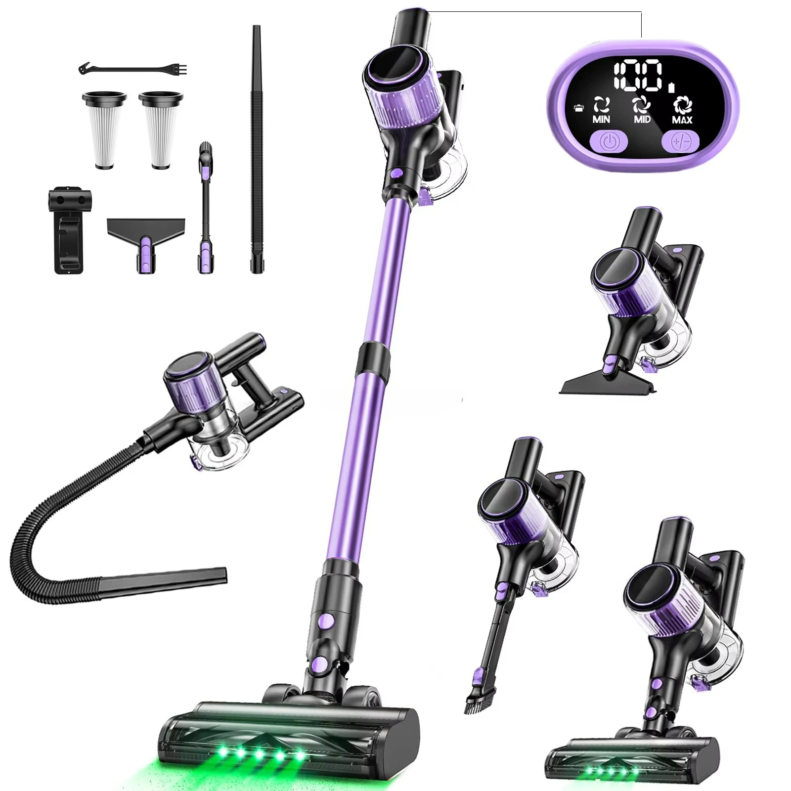

10-in-1 Cordless Stick Vacuum Cleaner Super Power Suction Lightweight Green LED Anti-Tangle Brush Deep Cleaning Dryer Household