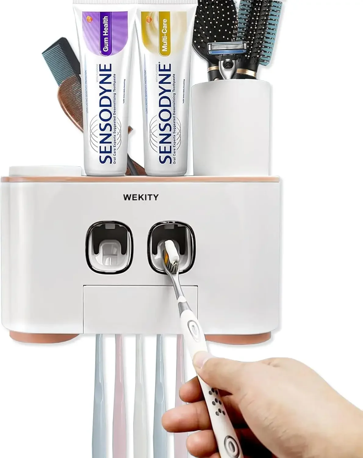 

Настенный держатель для зубных щеток, многофункциональный дозатор зубной щетки и зубной пасты WEKITY для ванной комнаты, с 5 слотами для зубных щеток
