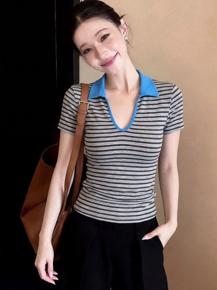 Contrast Collar Striped Polo T Shirt Women V Neck Side Ruched Slim Casual Basic Short Sleeve Tee