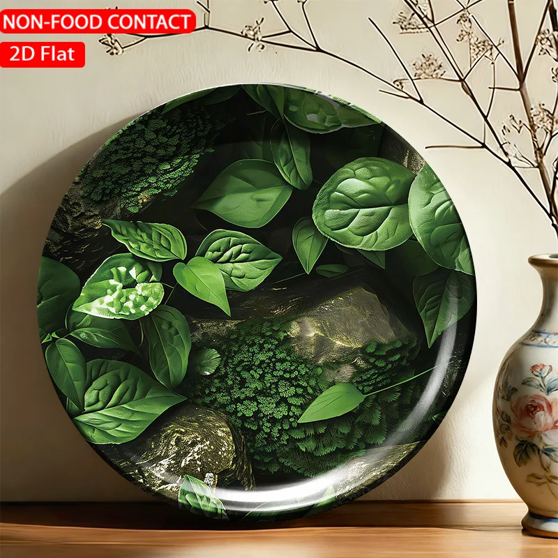 1pc FORJN Modern Ceramic Decorative Plate with Green Leaf Rock Art Wall Plate - Round Suitable, Living Room,, Non-Food Contact