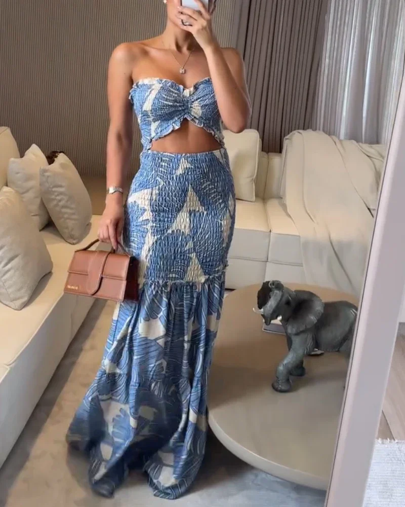 CPSYMYM Conjunto de dos piezas para mujer, conjunto de verano con estampado Tropical, Top Bandeau fruncido fruncido, cintura alta, dobladillo fruncido con volantes, Maxi Dres