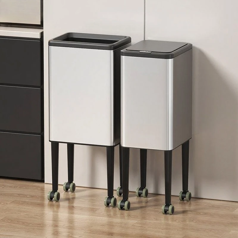 

Stainless Steel Trash Can Living Room Movable Waste Bins Kitchen Food Dispose Litter Can Modern Large Capacity Garbage Bin