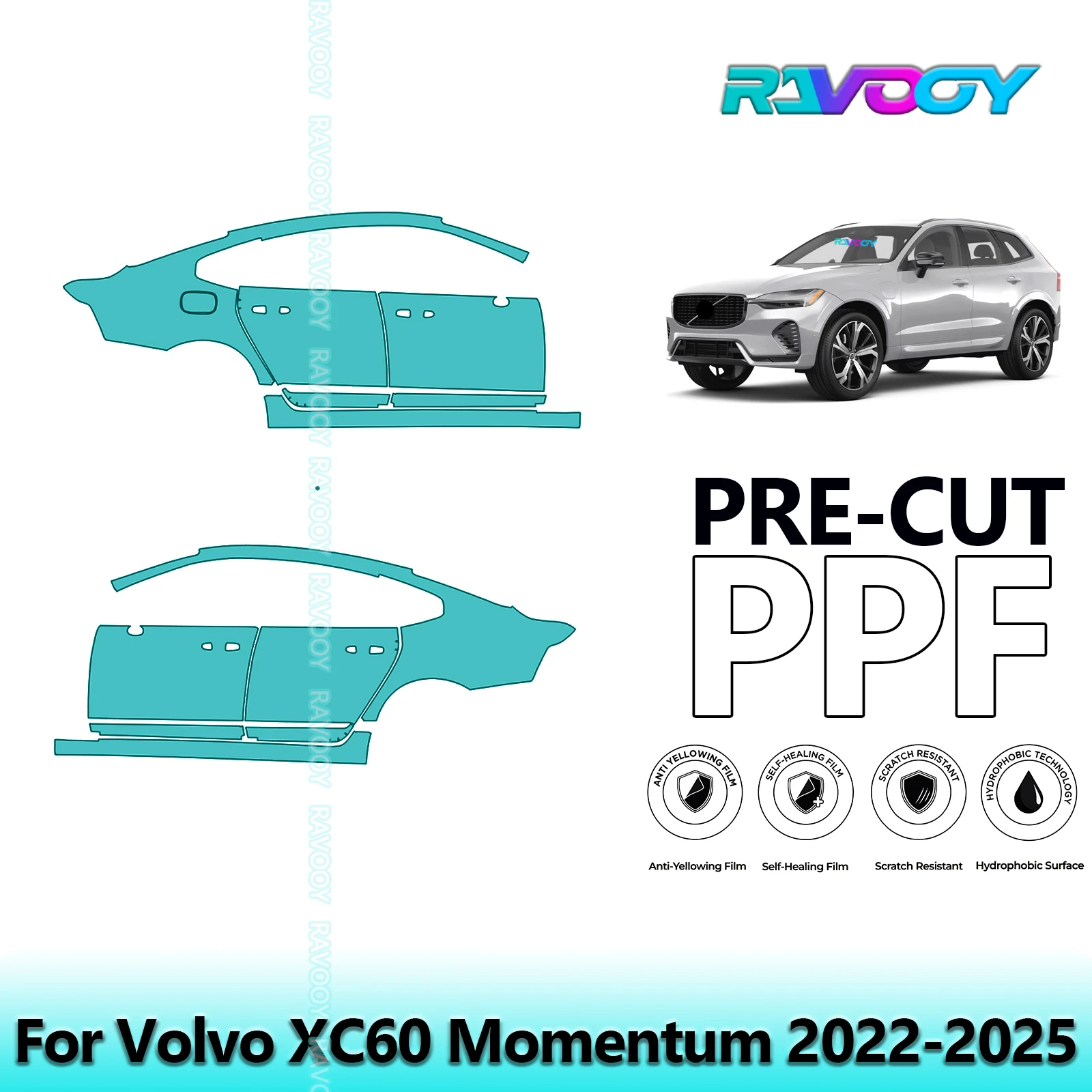 

For Volvo XC60 Momentum 2022-2025 8.5mil Clear Matte Pre-Cut PPF Door & A/B Pillar Kit TPU Paint Protection Film Set