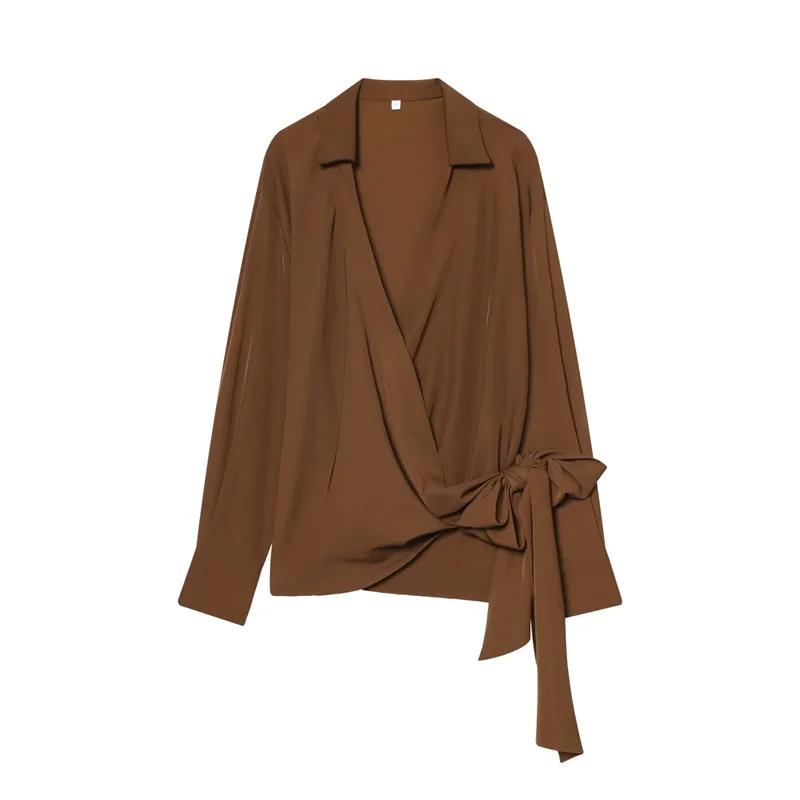 

2025 Winter new women's fashion, stylish ruffled asymmetric tie top, with a lapel design and clean neckline lines.