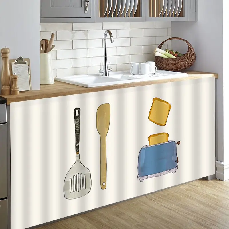 VIKAMA Kitchen Under Sink Curtain Spatula Spoon Toaster Bread Print Cabinet Cover For Kitchen Cupboard Shelf Dining Decor