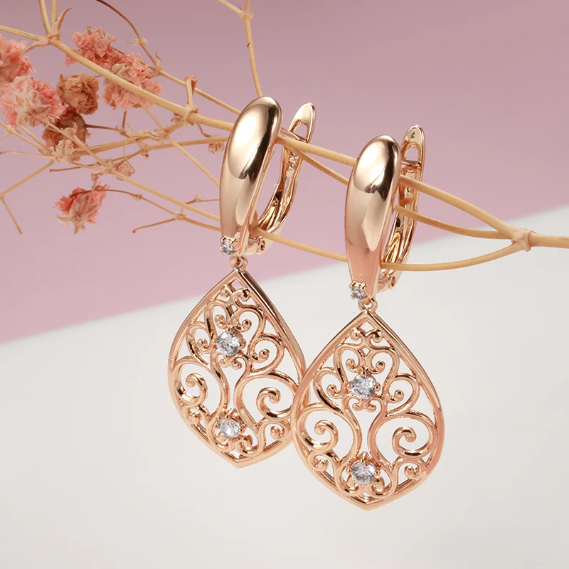 Wbmqda 585 Rose Gold Color Long Drop Earrings For Women With White Natural Zircon Ethnic Bride Wedding Retro Jewelry Accessories