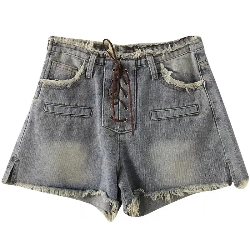 Women's Blue Denim Shorts Y2K Lace up Japanese Harajuku High Street Aesthetics High Waist Sexy Wide Leg Cowboy Shorts Clothing