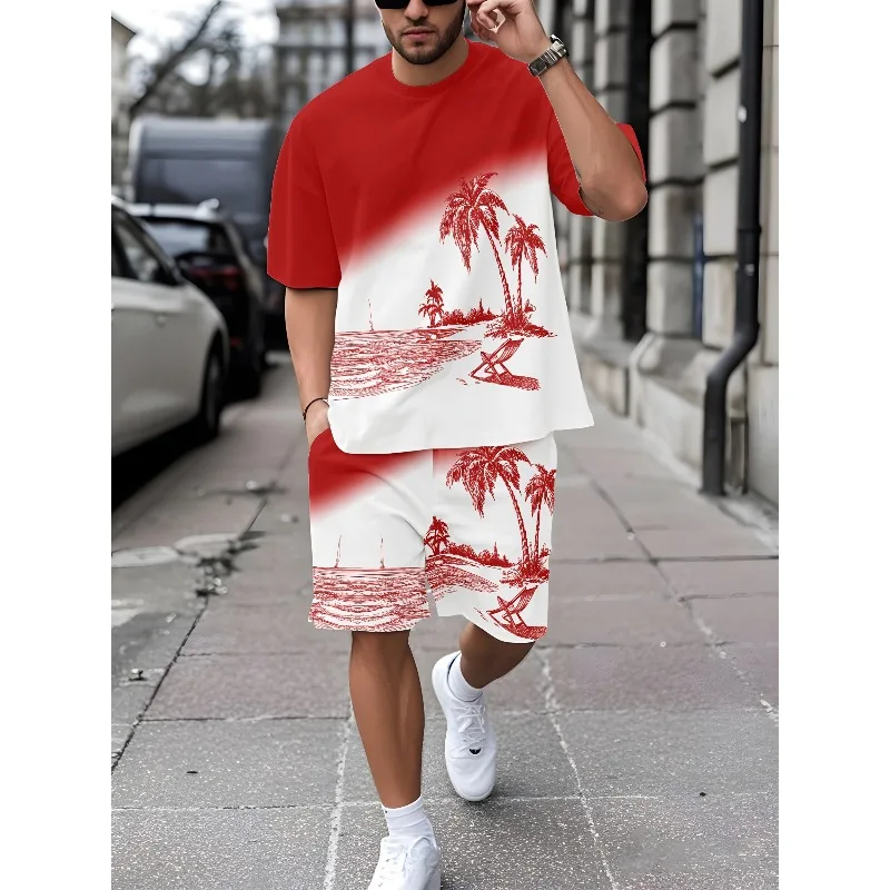 2025 Summer Men's 3D Printed Short Sleeved T-shirt and Shorts Set Casual Outdoor Sports Resort Set Breathable