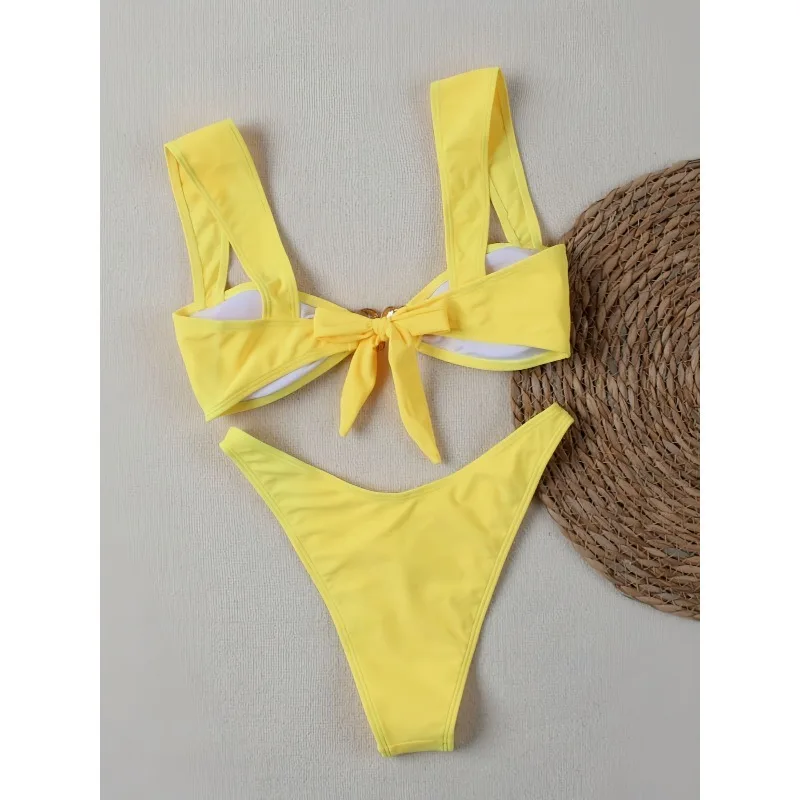 Nowy Zestaw Bikini Damski Sexy Prosty Jednolity Żółty Wiązany na Szyi Push Up Bikini Styl Y2k Strój Kąpielowy Sznurowany Brazylijski Strój Plażowy