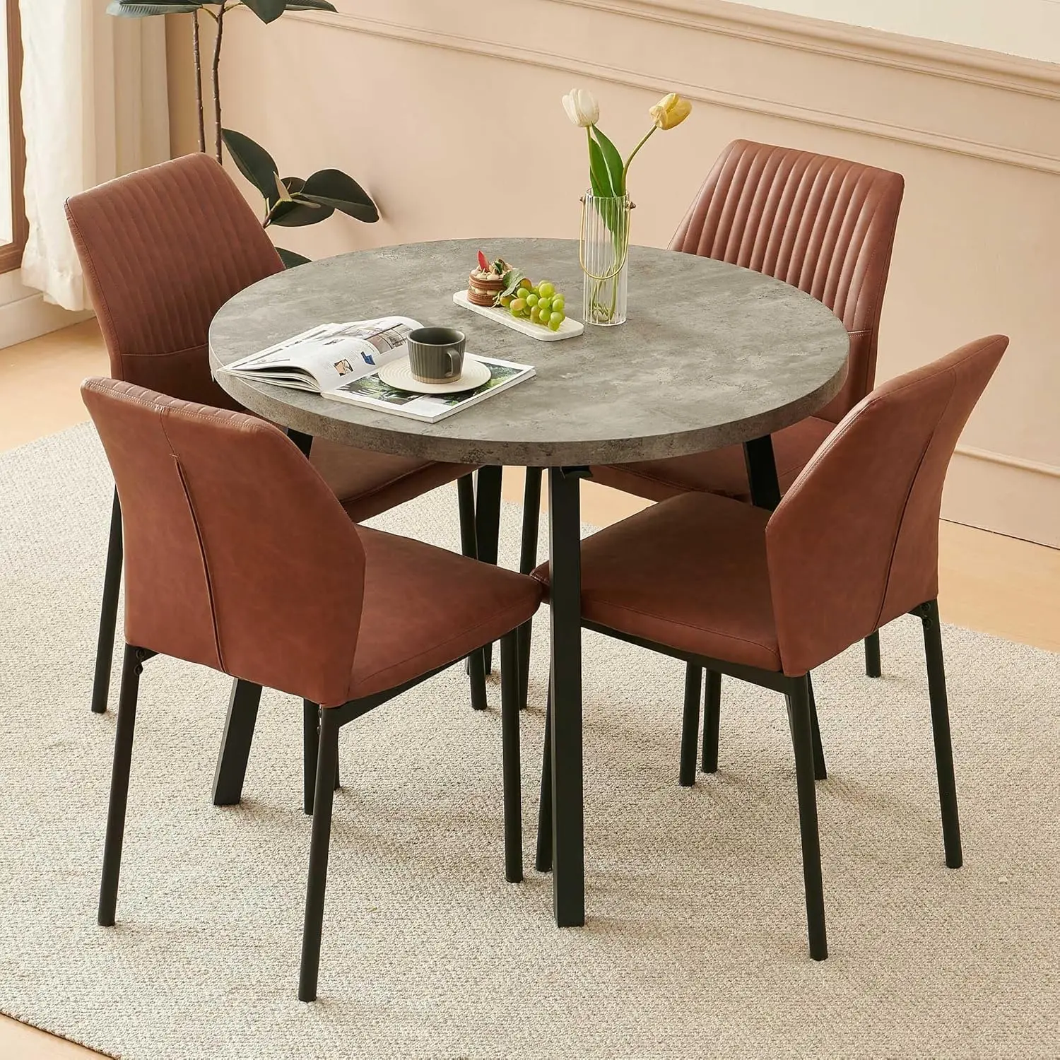 #5 Pieces Dining Table Set for 4, 37 Inch Circle Kitchen Table and Chairs, Grey Engineered Wood Dining Table with, Customized