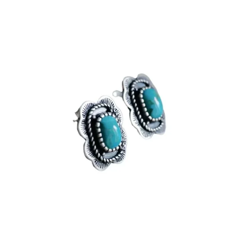 Vintage turquoise stud earrings, flower & diamond antique silver earrings, jewelry.