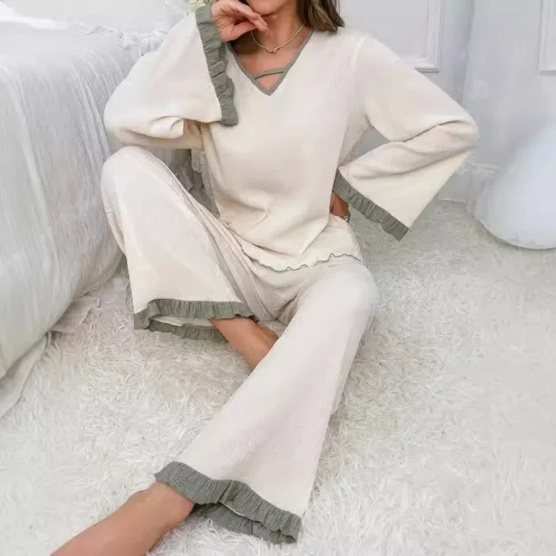 Sleepwear Set for Women 2024 Lace Loungewear 2 Piece Women's Loose Long Sleeved Pullover Pajama Suit Set