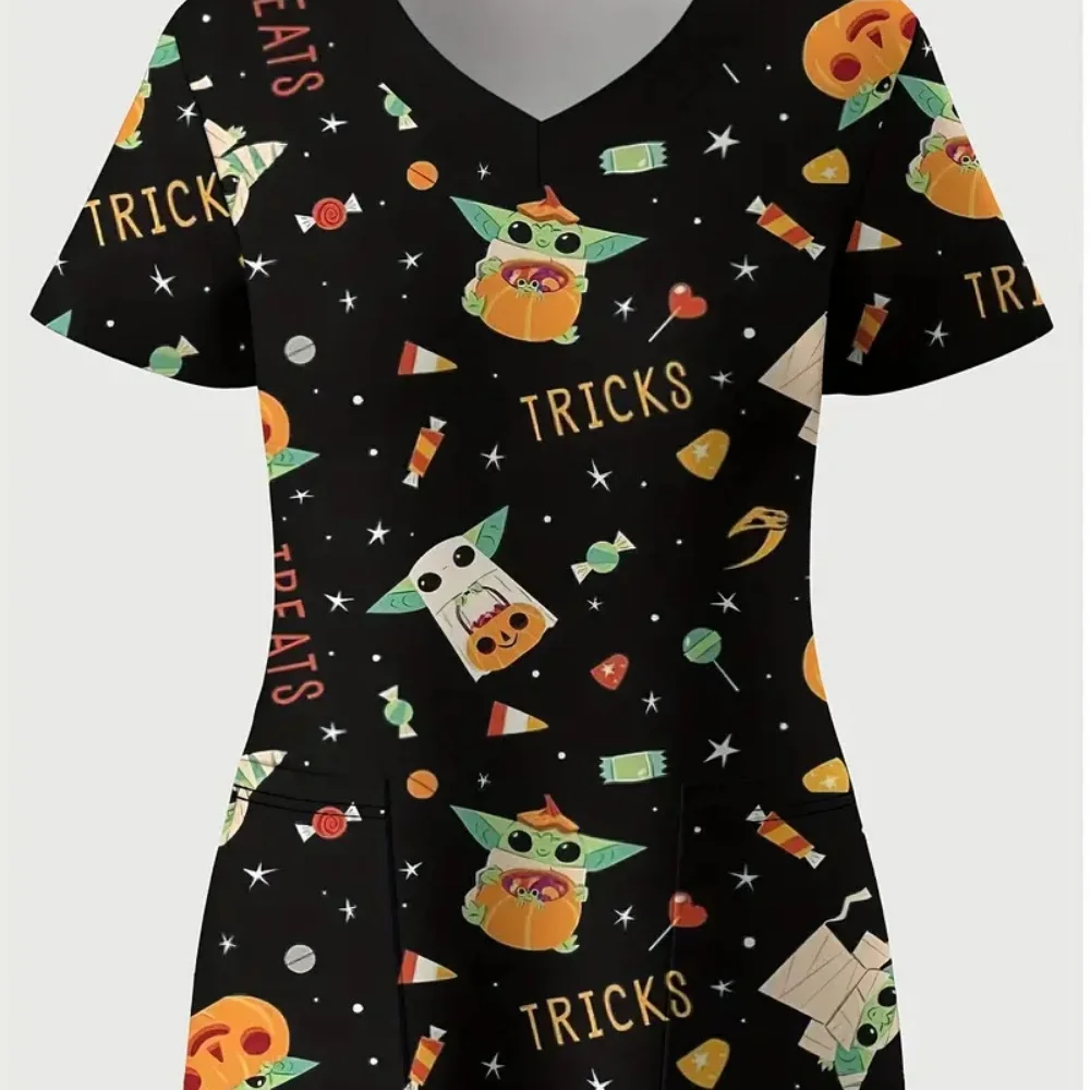 Halloween Surgical Uniforms Woman Cartoon Print Fashions Nurse Casual V-Neck Short Sleeve Patch Contest Clinical Uniform Woman