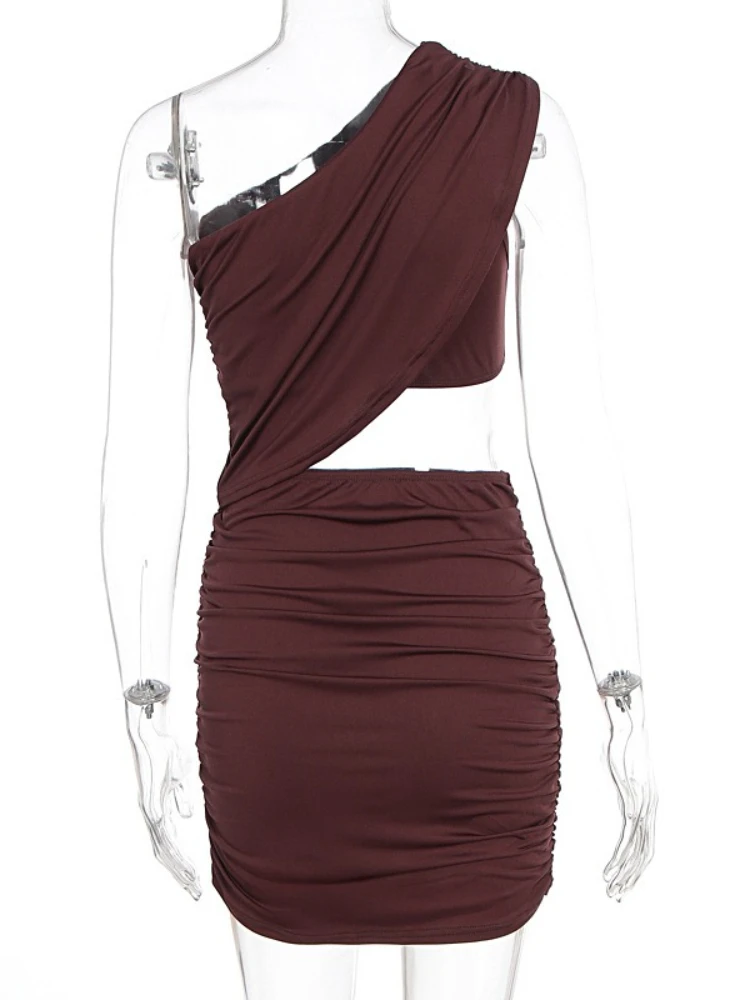 SsTss Mini abito sexy da donna monospalla senza maniche con dettagli ritagliati solidi Abito aderente da night club slim fit increspato Nuovo alla moda