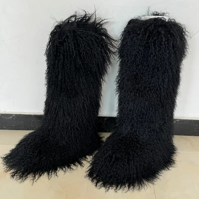 Women Long Mongolian Fur Boots Winter Warm Thick Sole High Boots Fluffy Fur Over-the-knee Fashion Outdoor Snow Boot