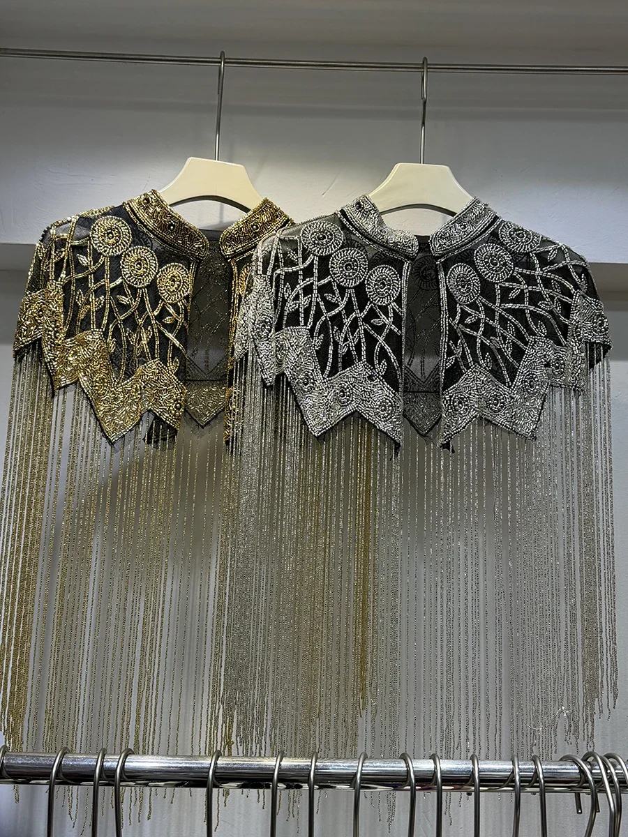 CHICEVER Patchwork Gold Color Tassel Shawl for Women Stand Collar Spliced Diamonds Hollow Out Loose Jacket Female Fashion New
