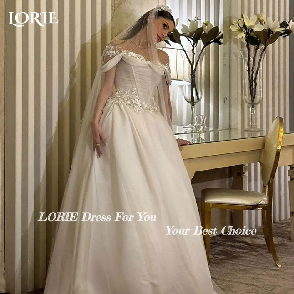 LORIE 3D Flower Shiny Wedding Dresses Off Shoulder Appliques Lace Bridal Gowns Princess Pleats Beach Wedding Dress customized image 2
