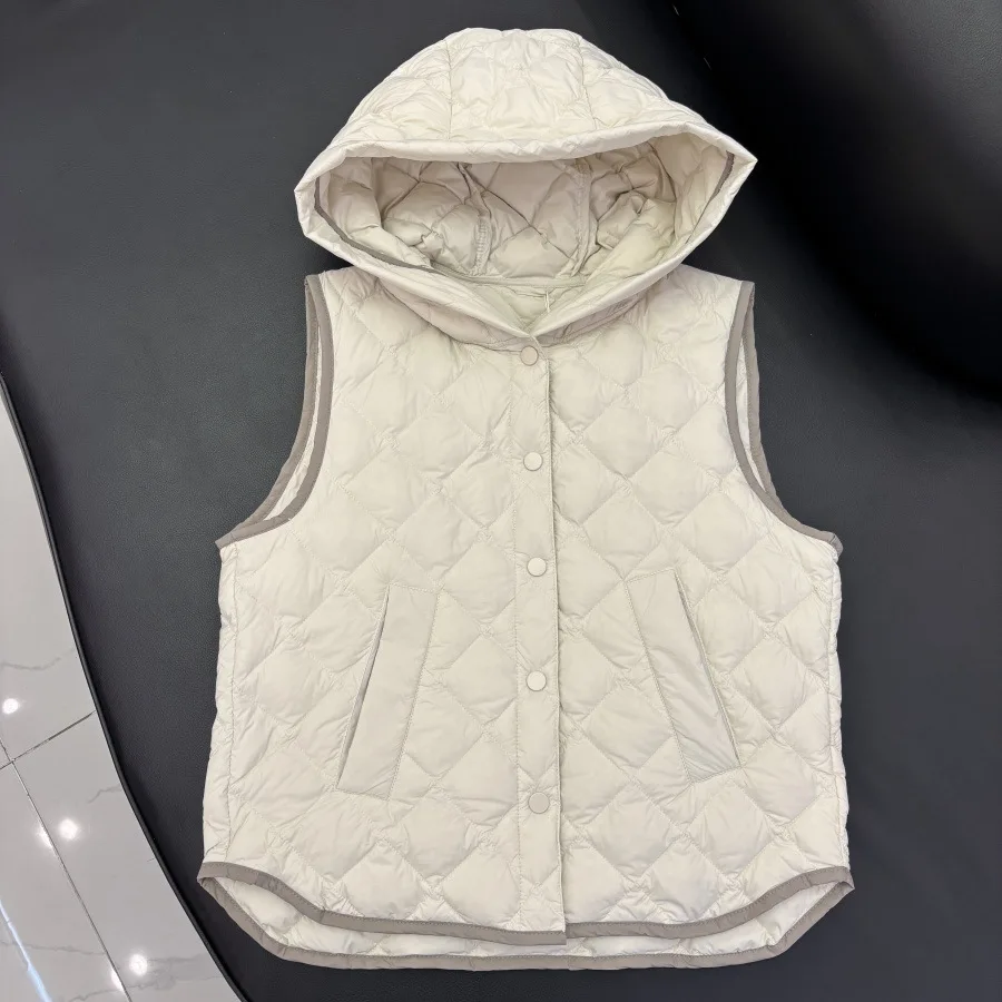 Gilet en duvet de canard blanc pour femme, coupe ajustée, à capuche, sans manches, avec motif de grille de diamant, nouvelle collection automne/hiver