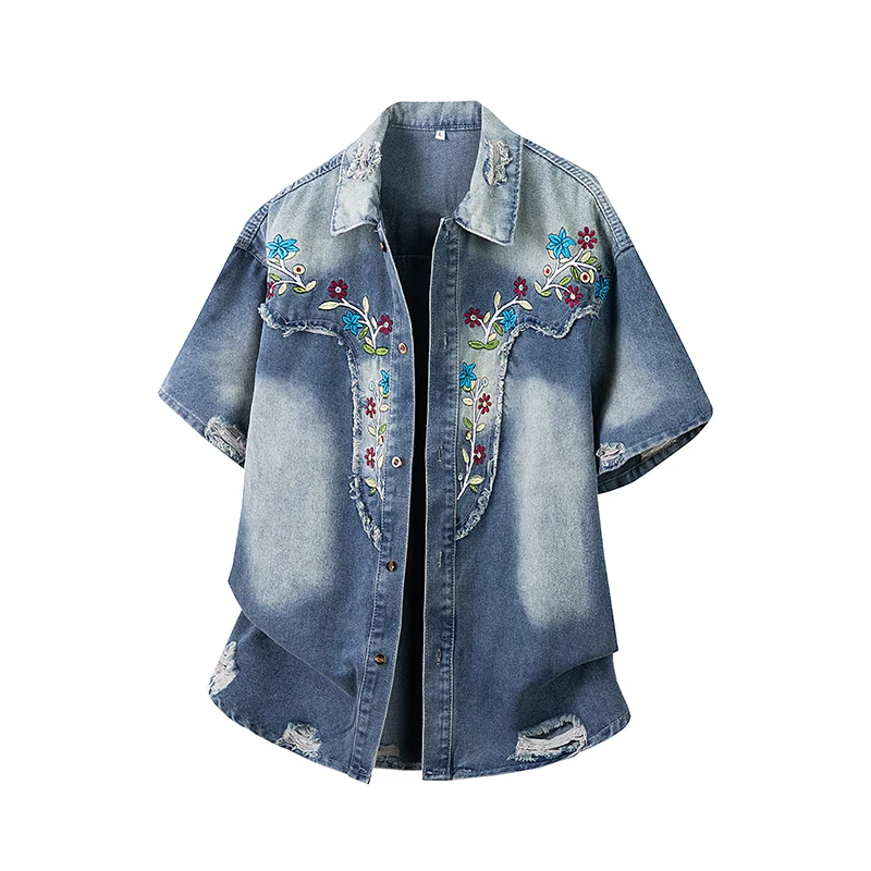 الصيف المطرزة الدنيم قميص واحد الصدر الرجال زهرة ممزق تي شيرت الأمريكية عادية موضة ريترو فضفاض كاوبوي تيز #1