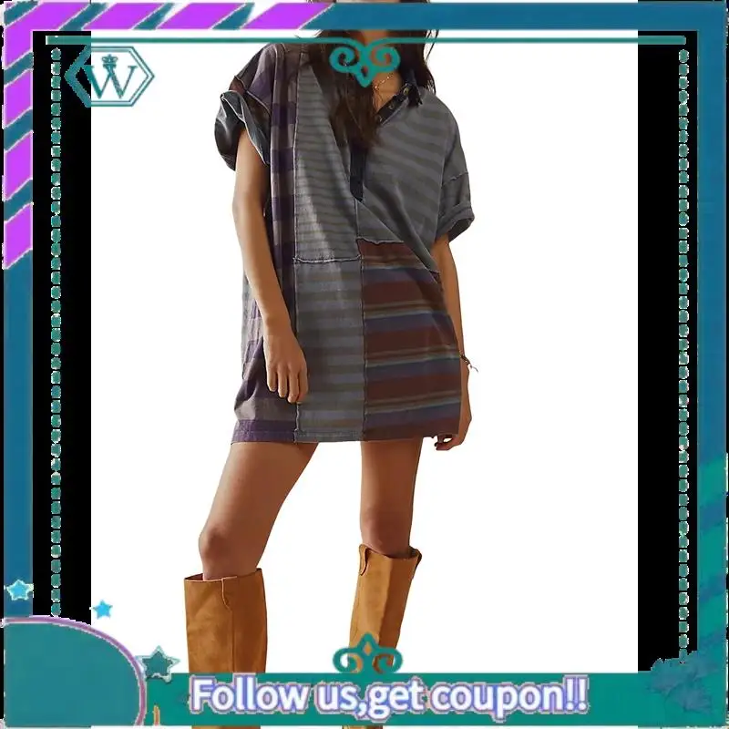 A09P Babydoll da donna a righe a contrasto Y2k Mini t-shirt patchwork estiva Abito vintage a maniche corte con scollo a V