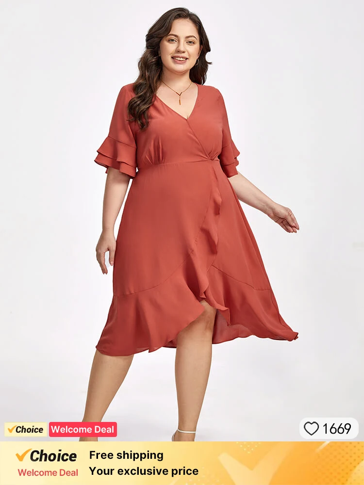 

Plus Sized Clothing Summer Elegant V-neck Ruffle Sleeve Casual Dress Women Dresses Solid Ruched High Waist Evening Party Dress