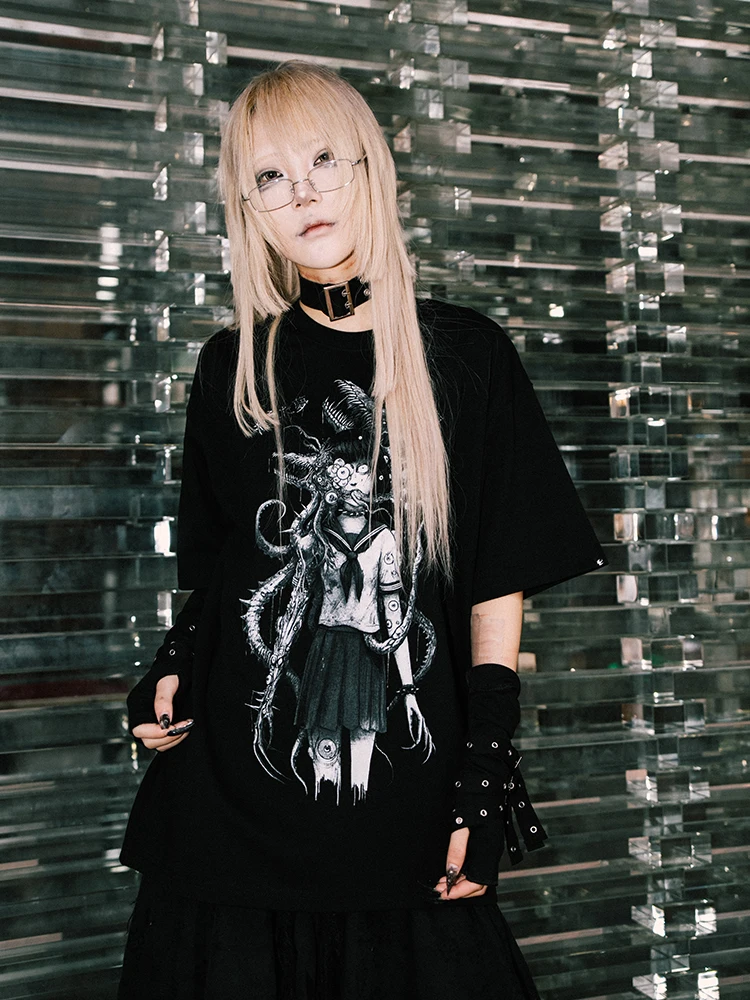 Gothic Visual Rock ARCS Acks Double-Headed Swallow Tattooist T-Shirt for High School Girls Lightweight Cotton round Neck Shor...