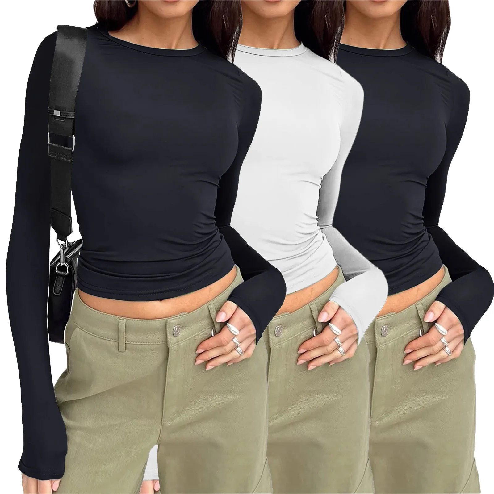 Basic T Shirt Women's 3 Piece Set Long Sleeve Crop Tops Korean Version Woman Blouse 2024 Y2k Clothes Woman T-Shirts Tops