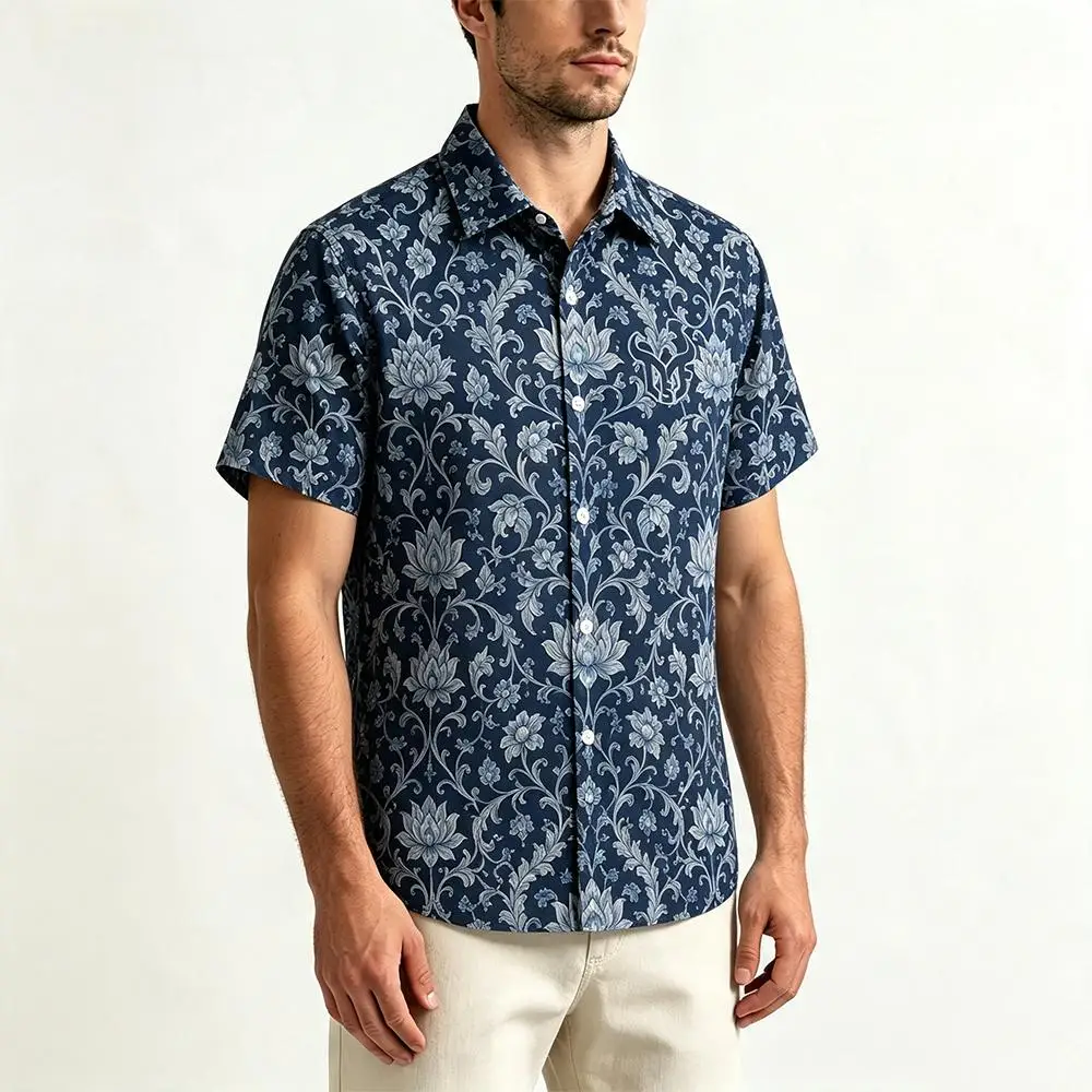 Summer Men Hawaiian Shirt Retro Blue Porcelain Lotus Full Print Lapel Short Sleeve Button Up Shirt Casual Holiday Streetwear