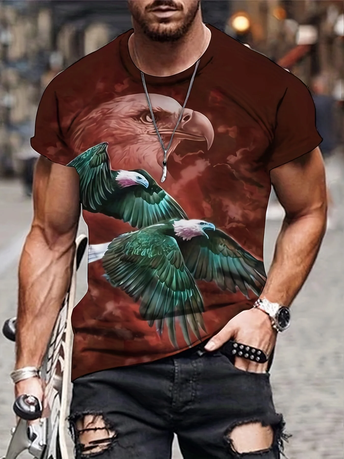 Fashion Eagle 3D Digital Pattern Print Men's Graphic T-shirts Causal Comfy Tees Short Sleeve Pullover Tops Men's Summer Clothing